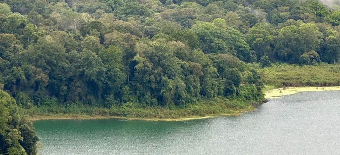 Scenic landscape view of Lake Beratan and surrounding hills in Bedugul