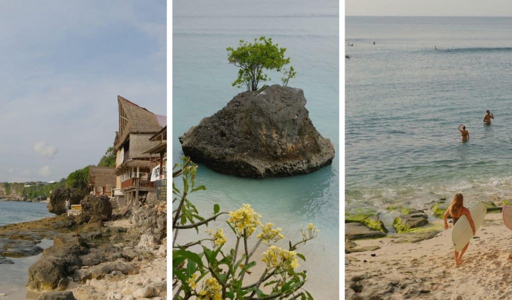Bingin Beach in Uluwatu, Bali, with surfers catching waves near the shore.