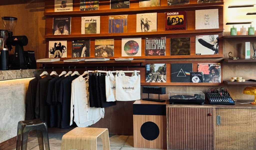 Interior of Analog with vinyls and vintage décor