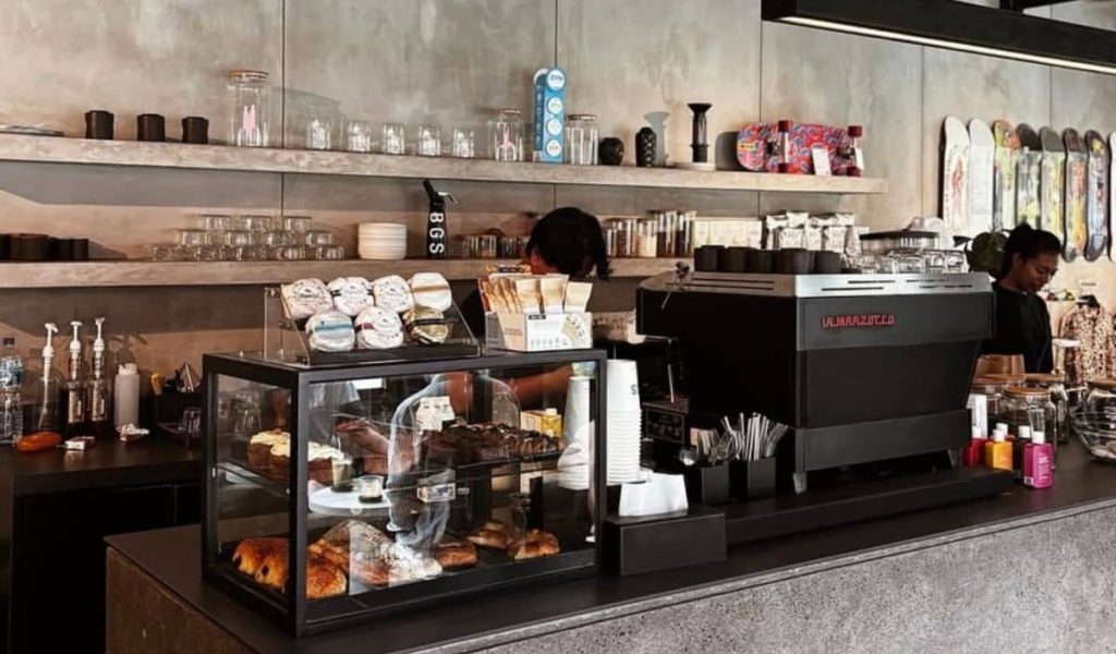 Exterior and relaxed setup of BGS coffee and surf shop in Ubud