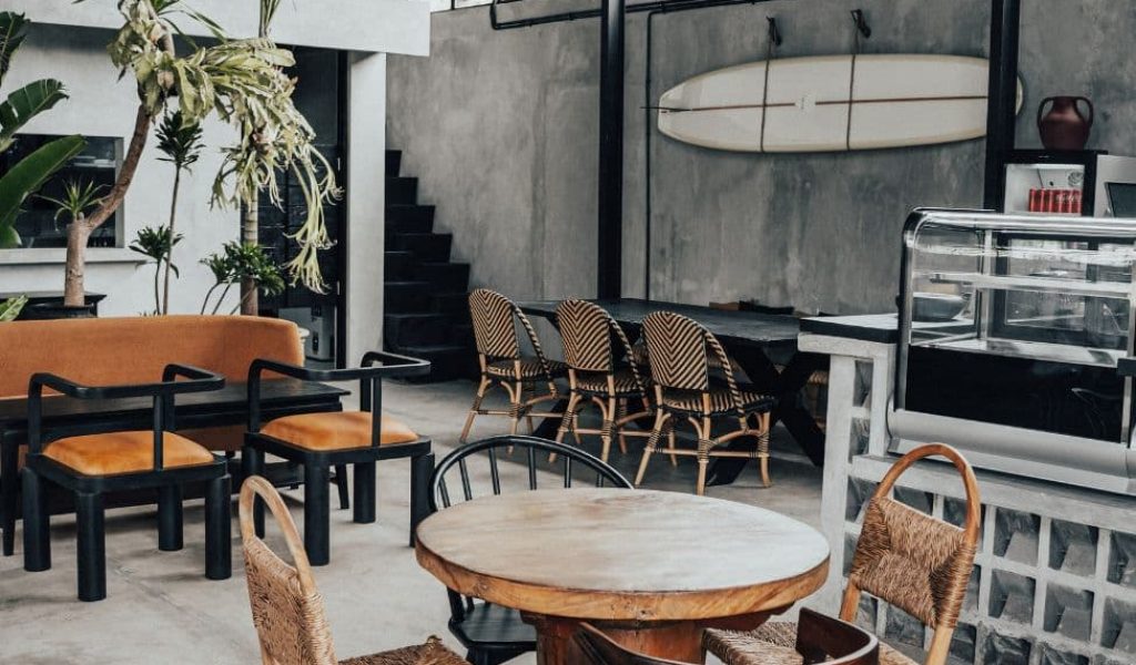 Interior of Suburbia café in Bali with coworking spaces and modern design