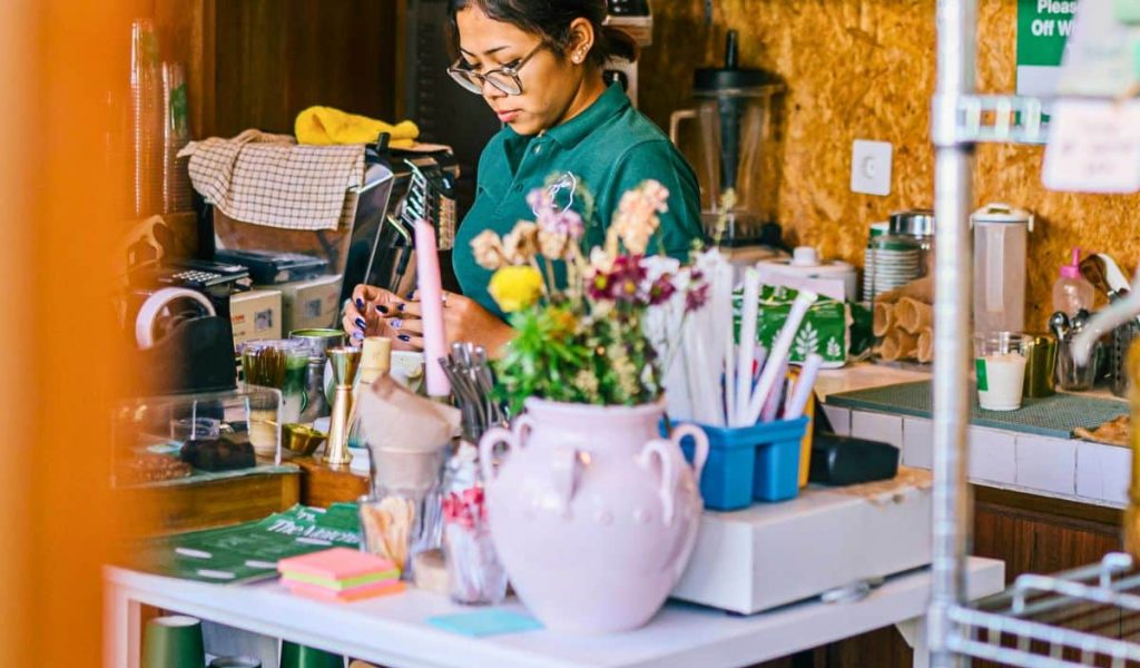 Warm interior of The Matcha Bar by Remix Juice in Bali.