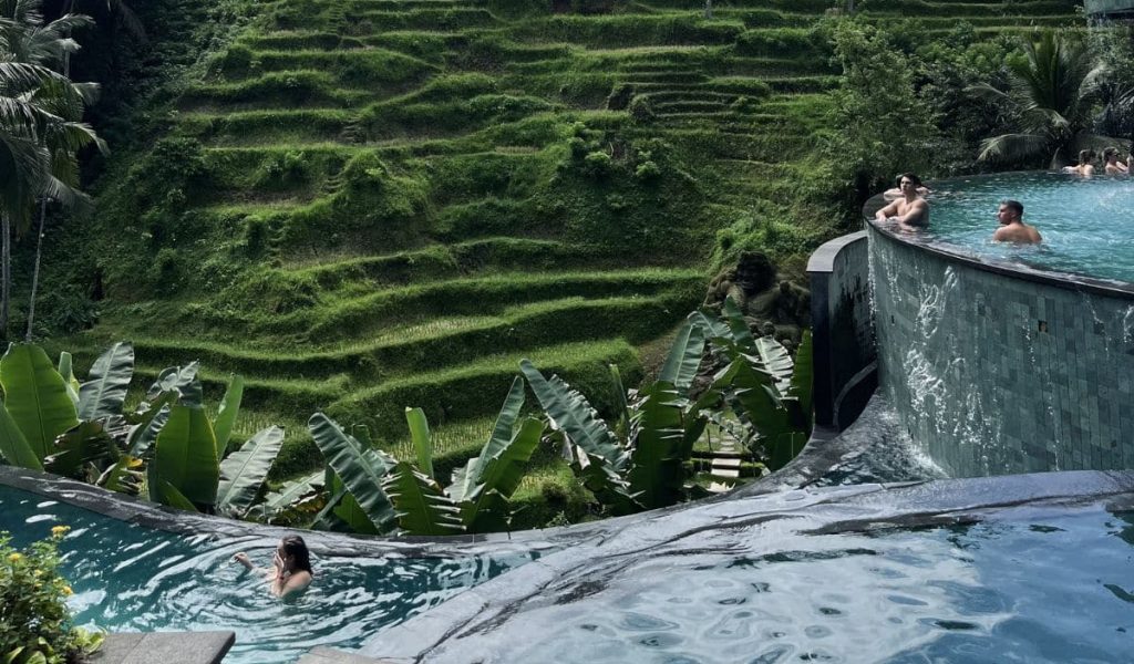 Infinity pools overlooking the rice terraces at Cretya Ubud in Tegallalang