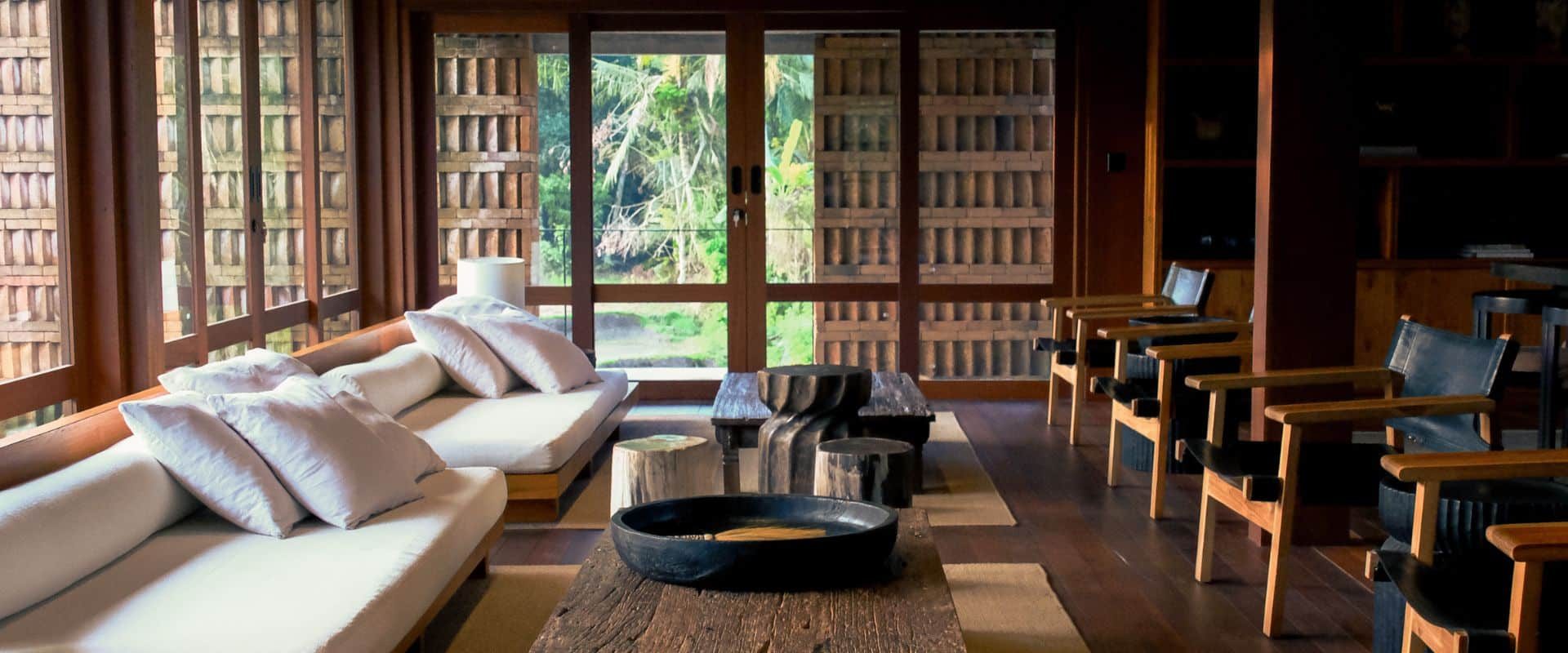 Rumah Subak North Ubud living room with open space design and jungle views