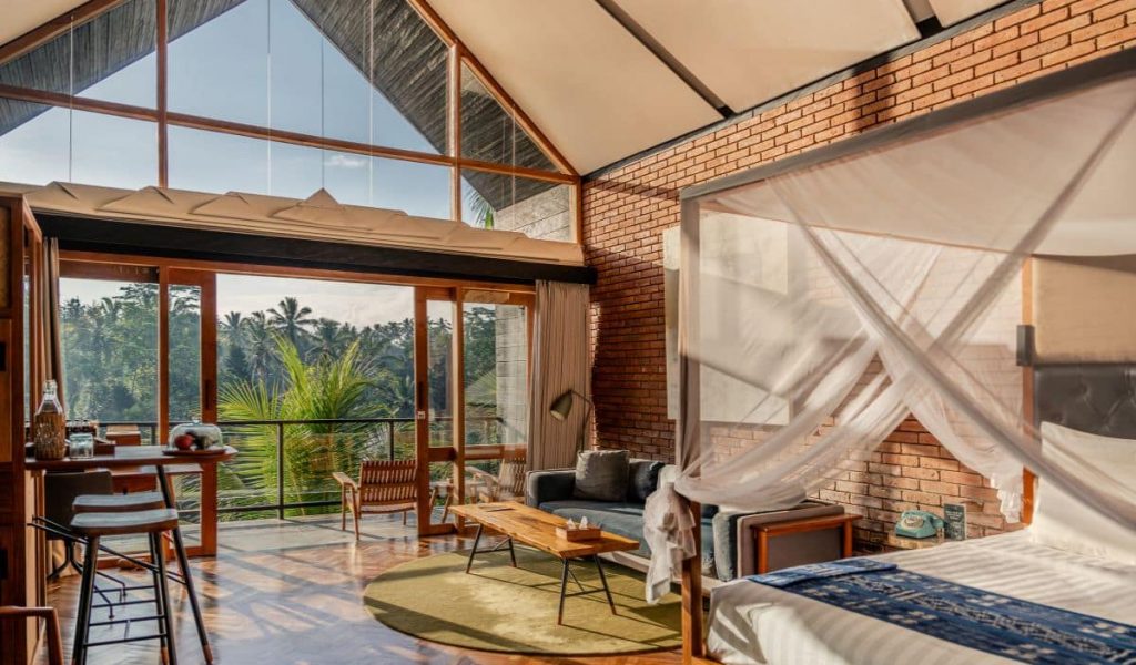 Stylish bedroom at Chapung Sebali with a mix of Scandinavian and Indonesian design