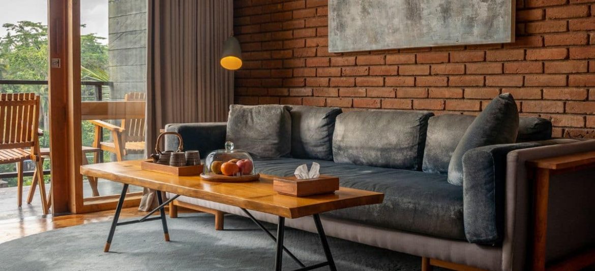 Stylish living room at Chapung Sebali with open views over the jungle in Ubud