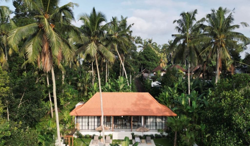 Front-facing aerial view of Villa Lestari with private pool and garden