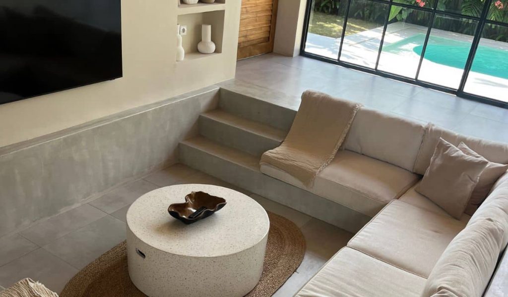 Balinese modern living room with wood elements and decor at The Dreamland