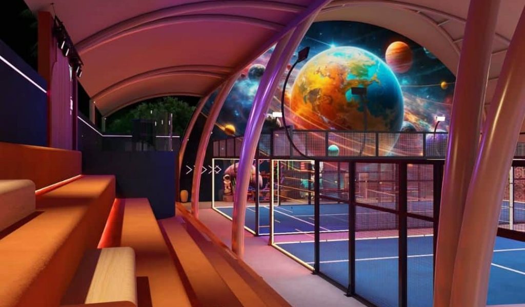 Padel courts at Universe Padel in Uluwatu, Bali with futuristic theme